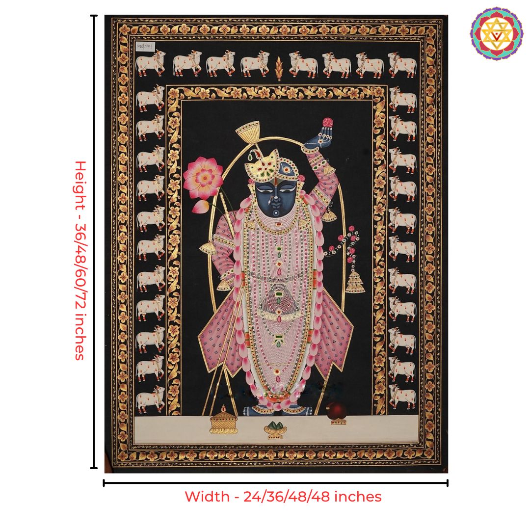 Hand painted paintings of Shrinathji Darshan with cow border.