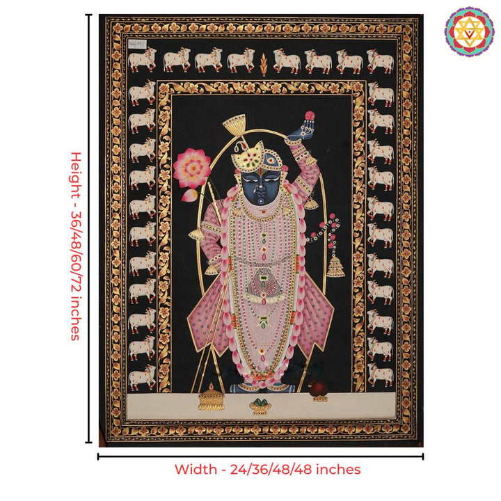 Hand painted paintings of Shrinathji Darshan with cow border.