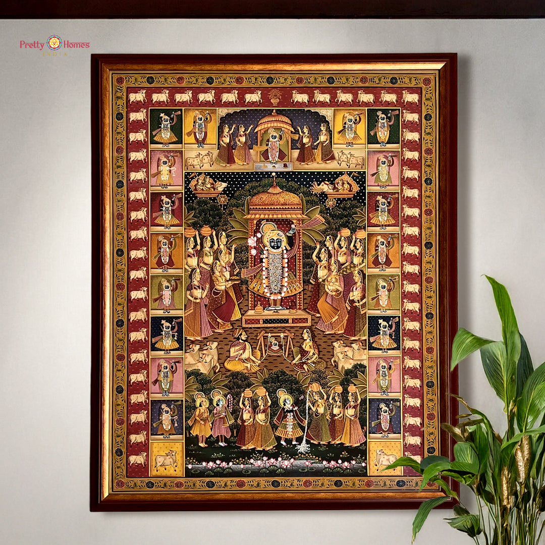 Hand painted paintings of Shrinathji with gopikas and cow border.