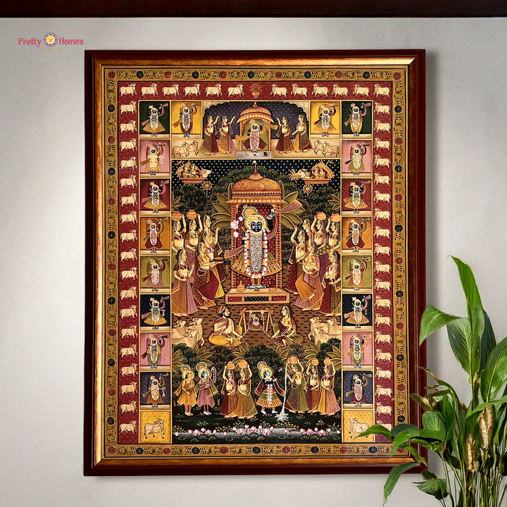 Hand painted paintings of Shrinathji with gopikas and cow border.