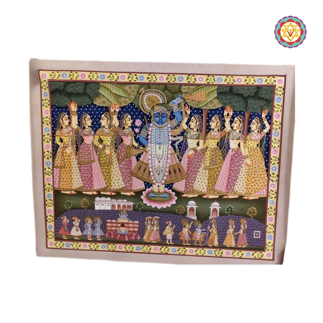 hand painted pichwai painting antique finish shrinathji gopikas