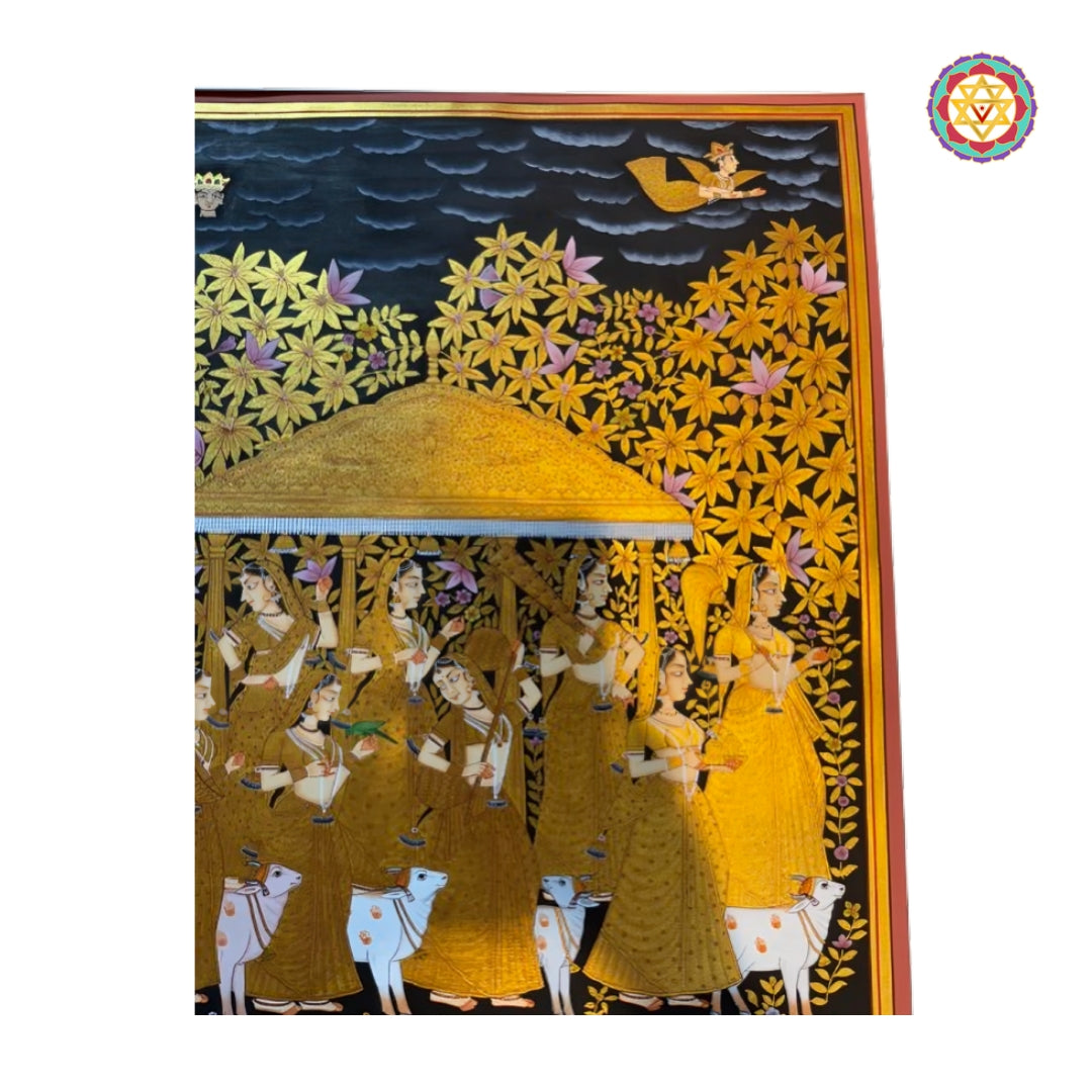 Traditional heritage Pichwai painting featuring celestial musical apsaras with gold detailing