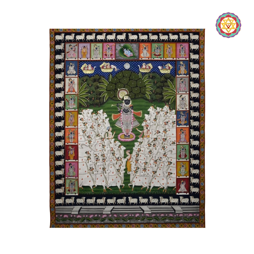 Close-up of Shrinathji and cow detailing in traditional Gopashtami inspired Pichwai painting