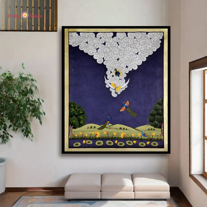 Handpainted Pichwai painting of Lord Krishna seated in celestial clouds with serene detailing