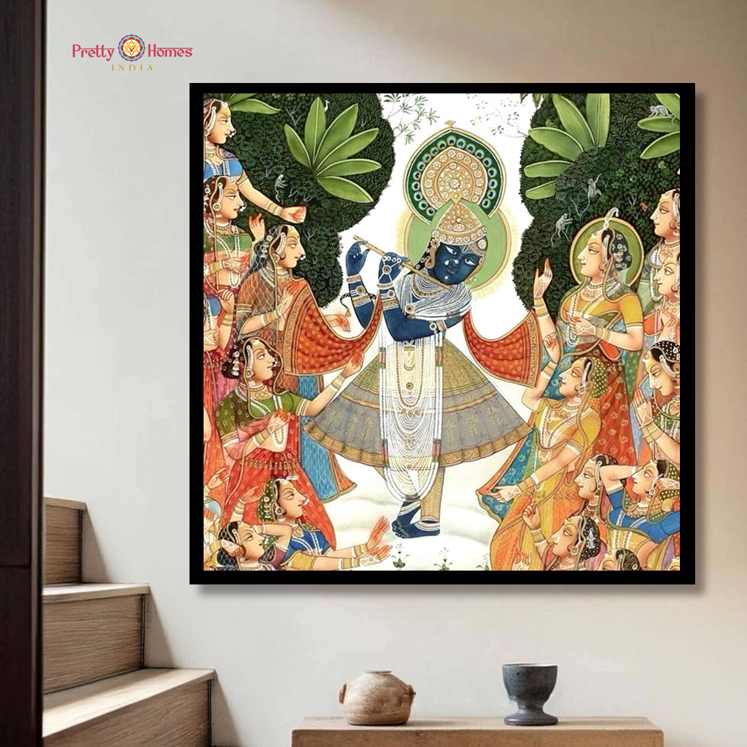 Handpainted Pichwai of flute playing Krishna surrounded by mesmerised gopikas
