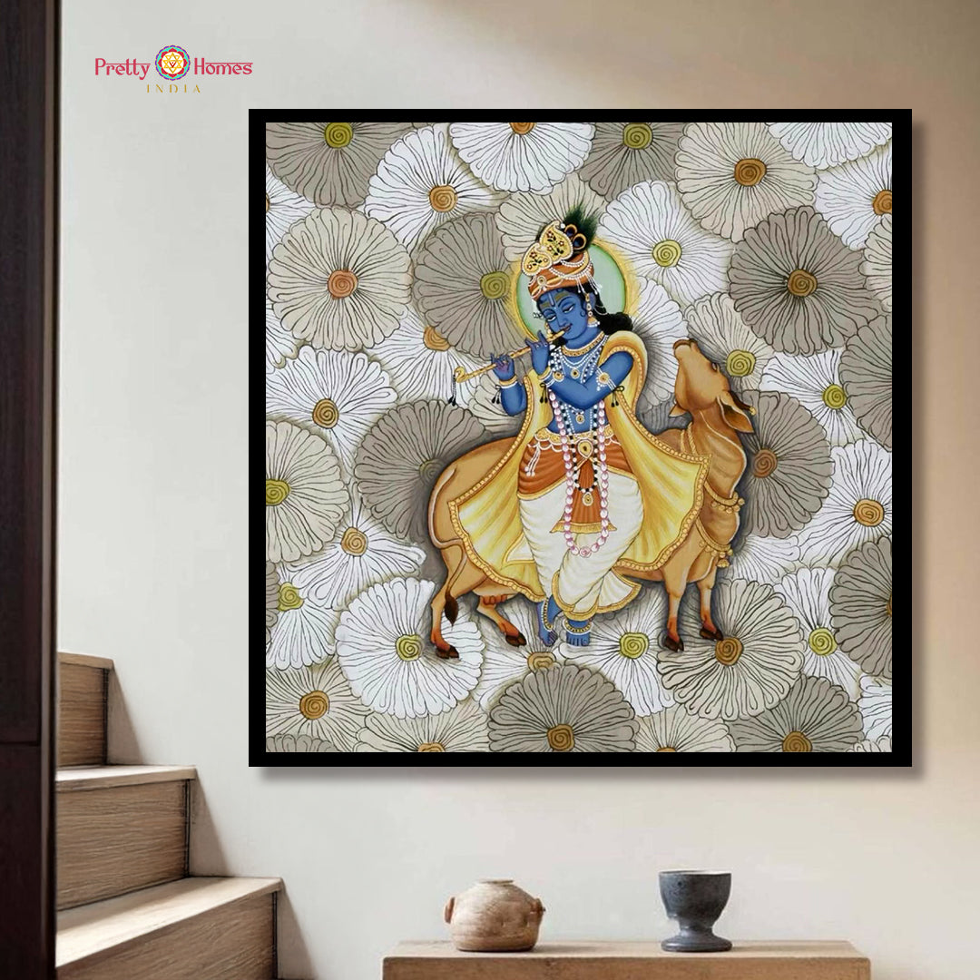Horizontal handpainted Pichwai of flute playing Krishna surrounded by lotus leaves