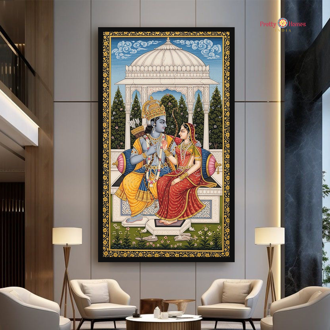 Handpainted Pichwai showing Lord Ram and Goddess Sita seated together in a lush garden setting