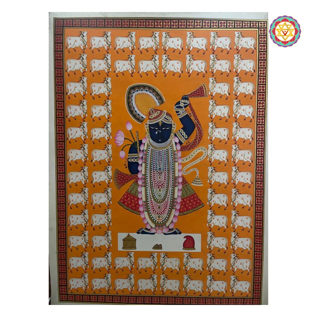 hand painted pichwai painting saffron vintage shrinathji