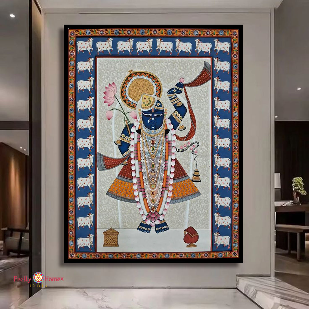 Handpainted Pichwai of Shrinathji darshan with decorative cow border in Nathdwara style