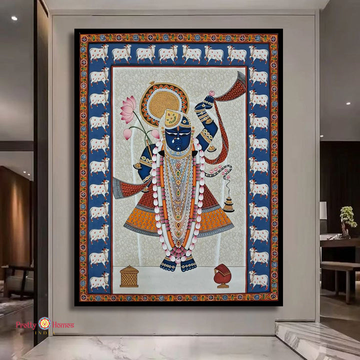 Handpainted Pichwai of Shrinathji darshan with decorative cow border in Nathdwara style