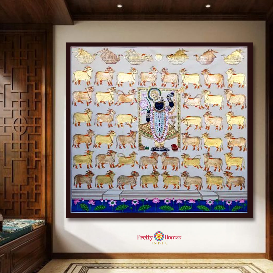 Handpainted Pichwai of Shrinathji surrounded by golden cows in traditional Nathdwara style