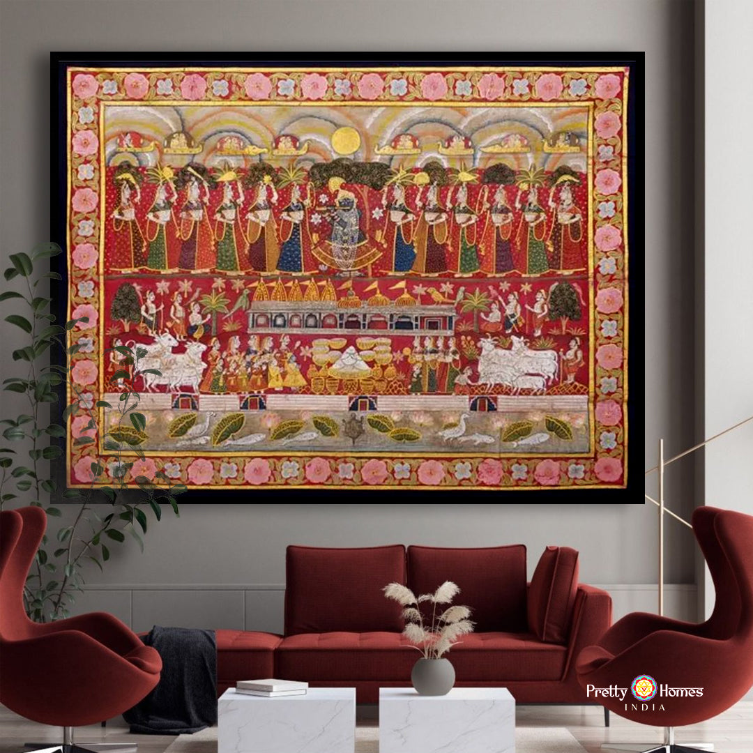 Horizontal handpainted Pichwai of Shrinathji with gopikas and temple themed motifs