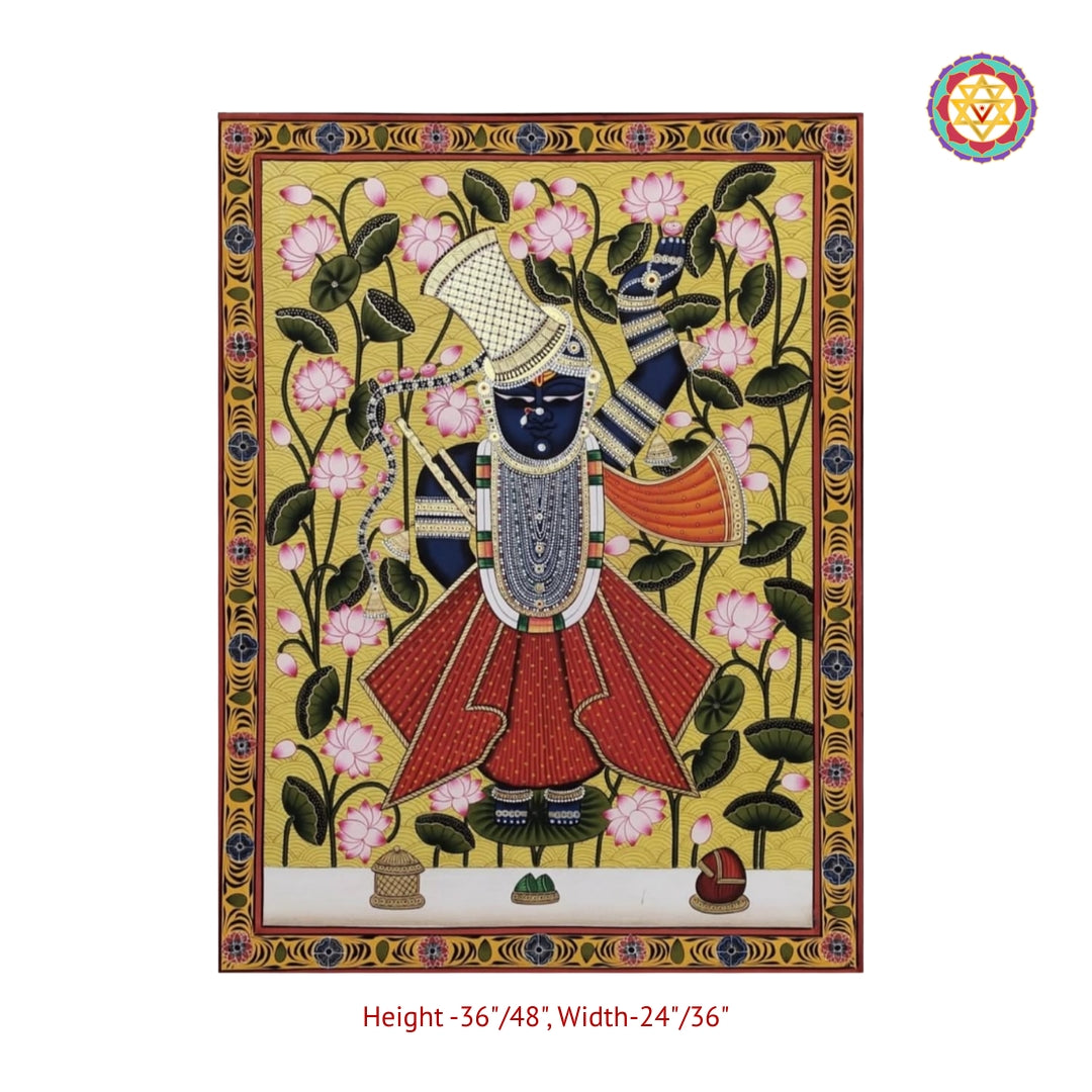 Close-up view of Shrinathji lotus pond Pichwai artwork with intricate Nathdwara craftsmanship