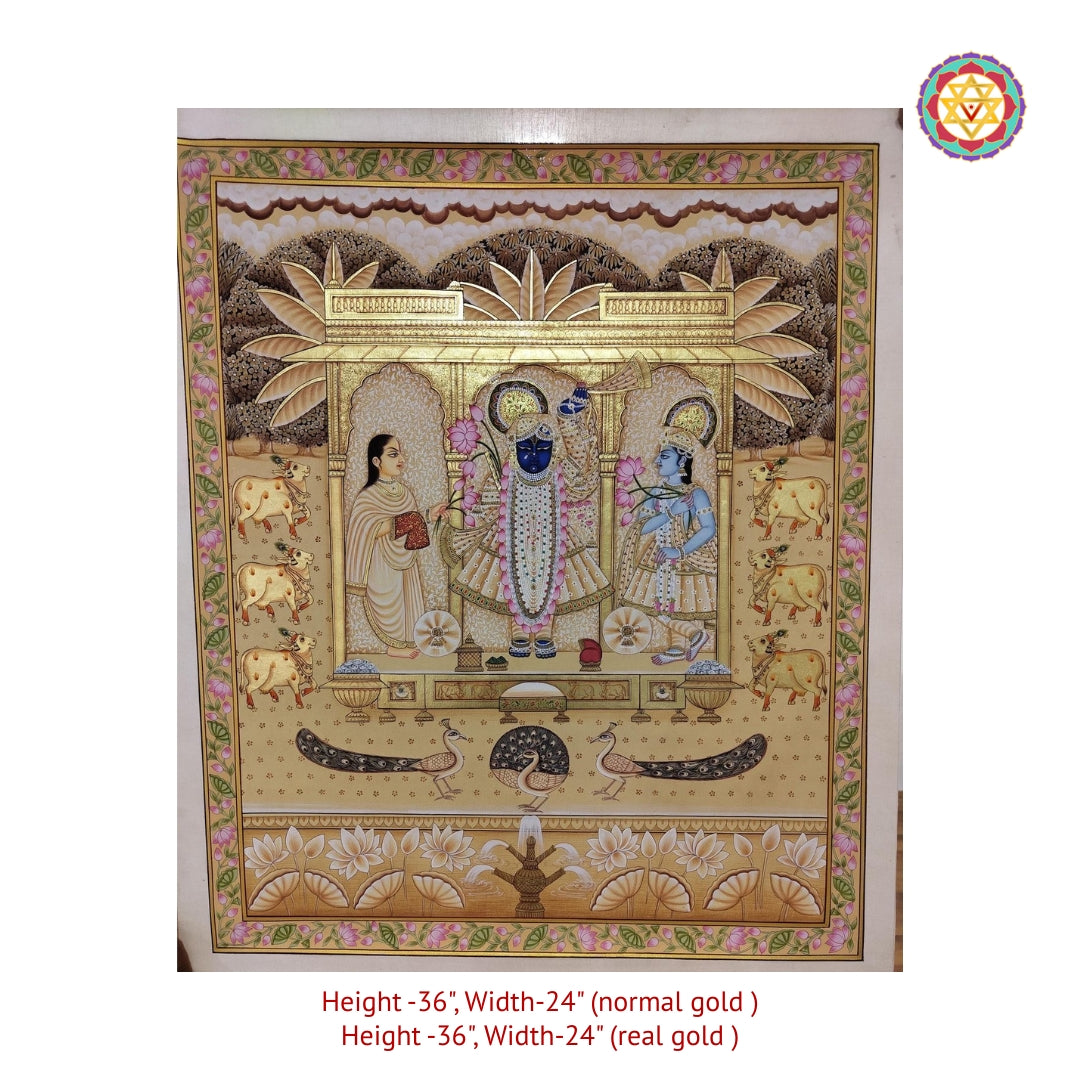 Traditional Nathdwara Pichwai painting with devotional lotus detailing
