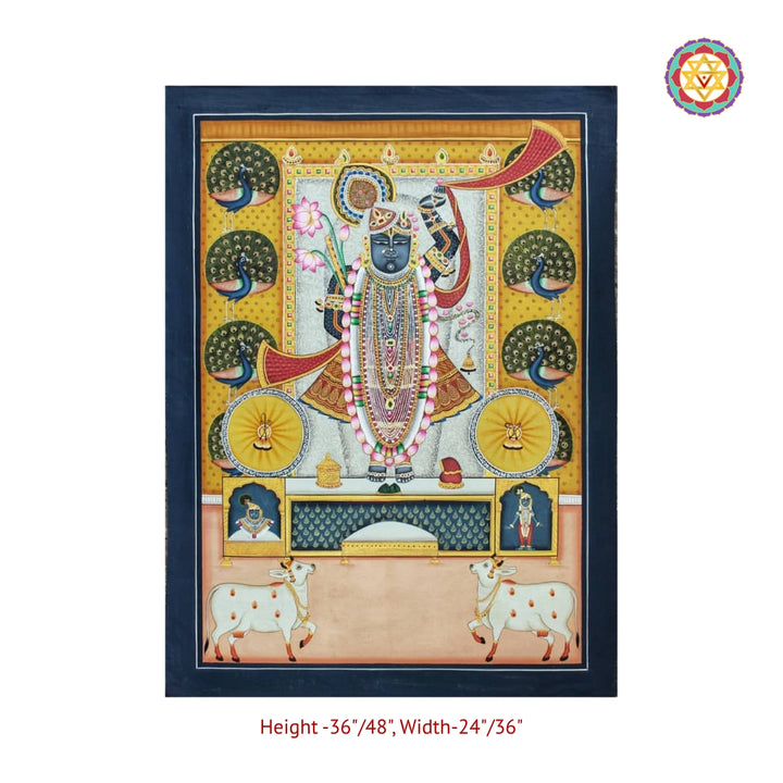 Close perspective of Shrinathji Pichwai artwork featuring graceful peacock detailing in Nathdwara style
