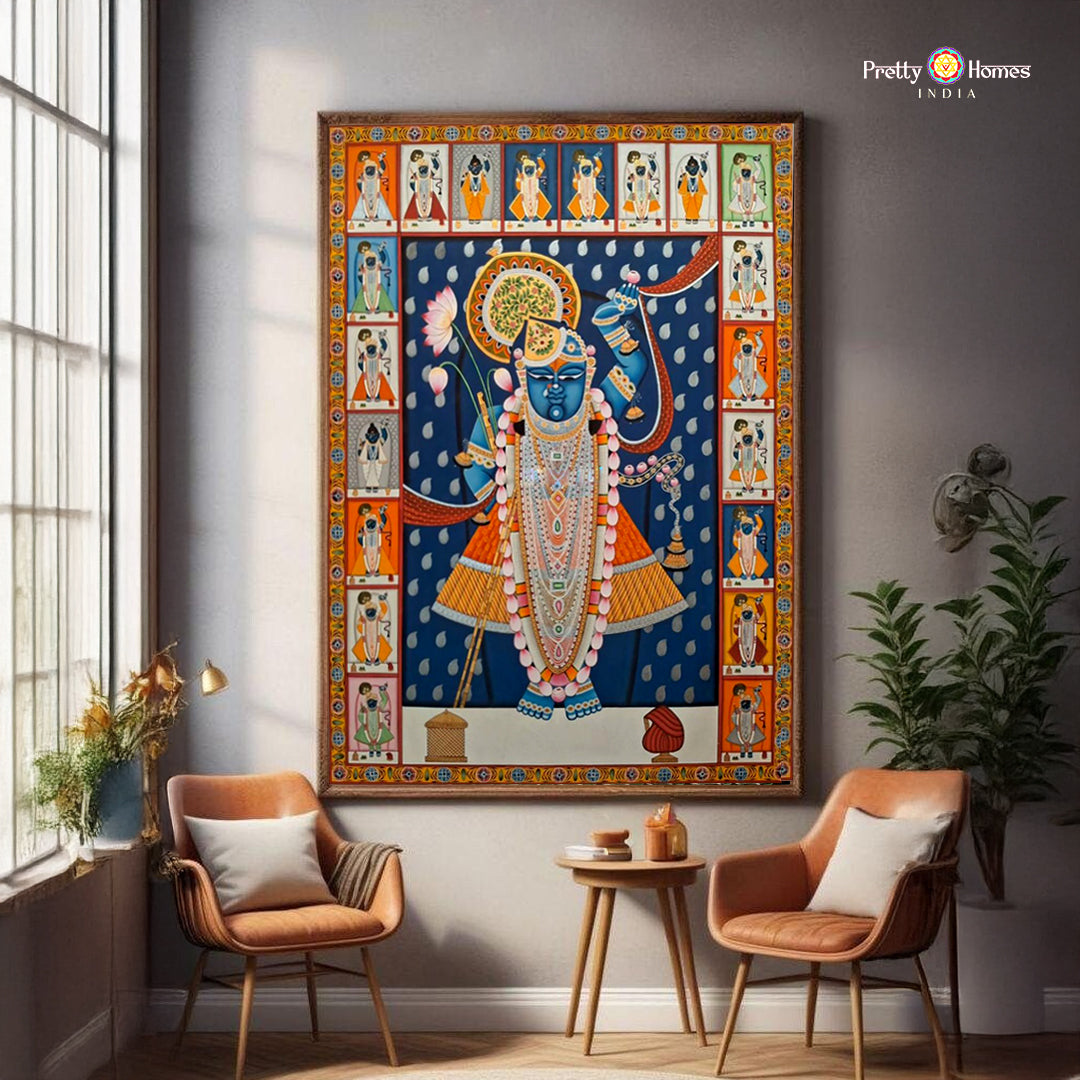 Handpainted Pichwai of Shrinathji darshan with intricate temple border in Nathdwara style