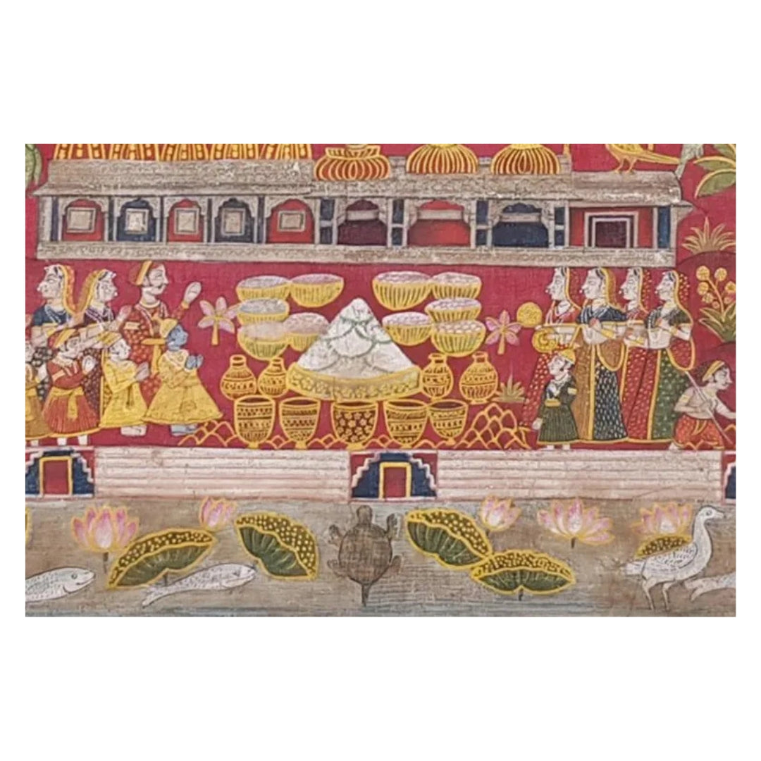 Shrinathji Pichwai wall art featuring gopikas and sacred temple celebration themes