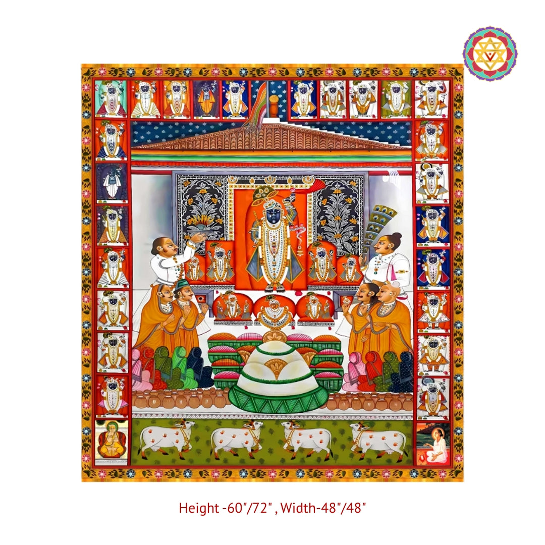 Detailed view of Nathdwara Pichwai featuring Shrinathji Daan Leela with intricate border artwork