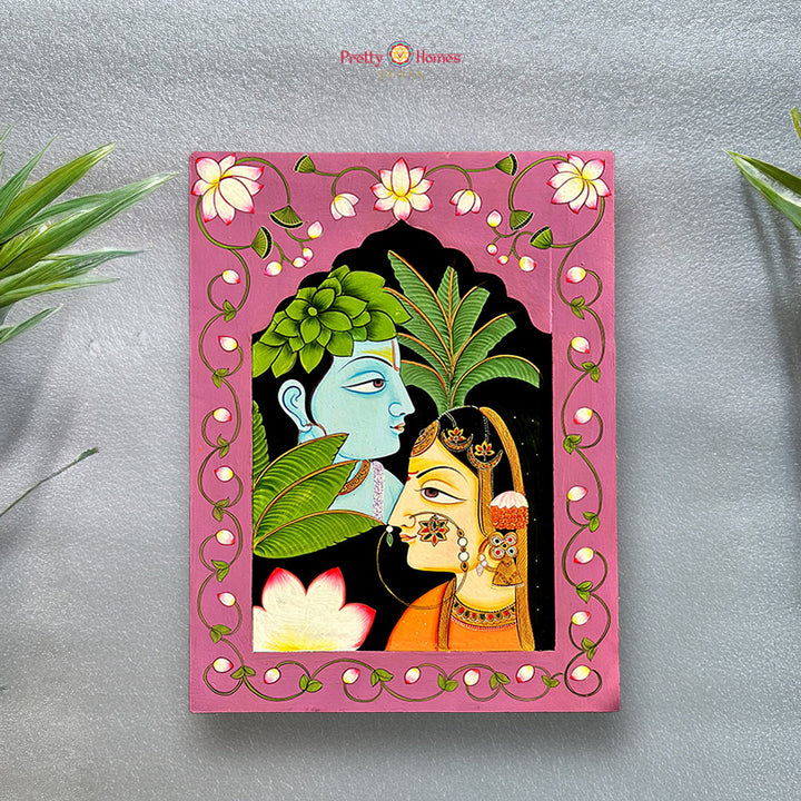 Rectangular hand painted Krishna Radha miniature wall art traditional Indian devotional decor painting