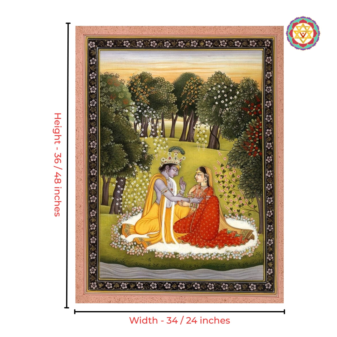 Close-up detailing of Radha Krishna vana leela pichwai artwork in forest theme
