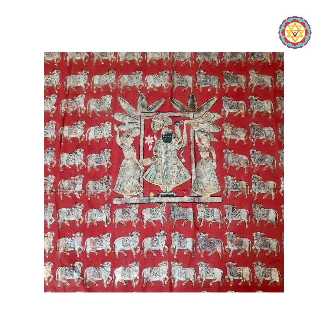 Antique red Shrinathji Darshan Pichwai art detailing