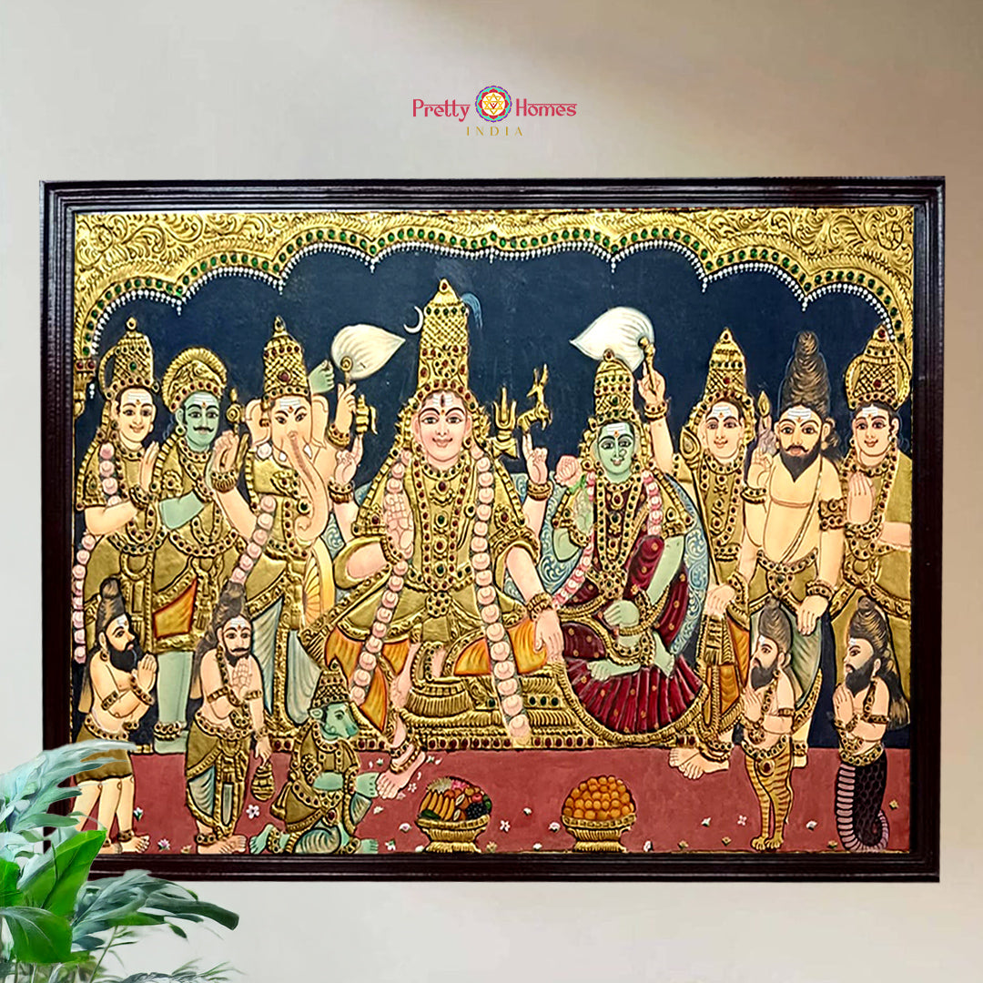 Divine Shiva Parivar Vintage Tanjore Art Teakwood Frame