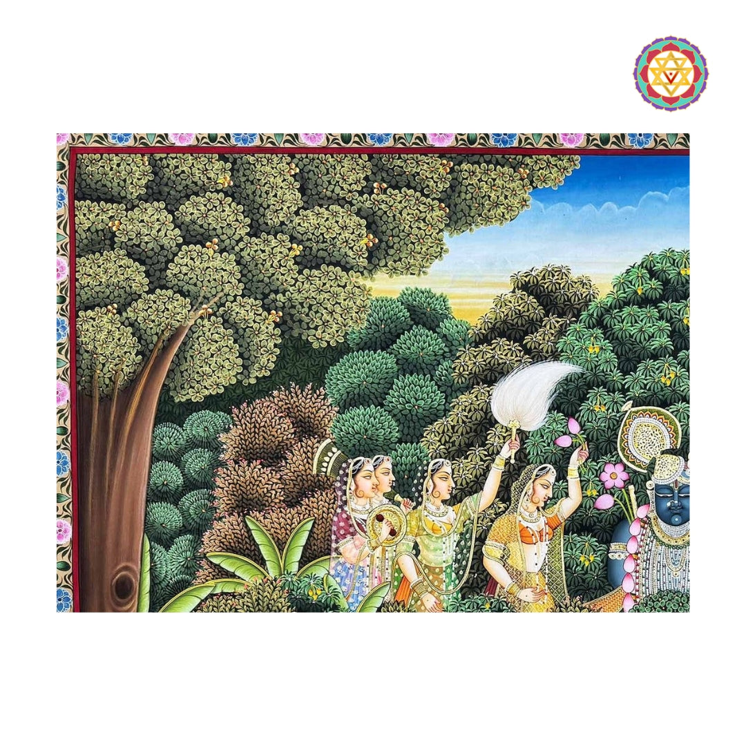 Close-up detailing of Shrinathji forest leela pichwai painting with intricate motifs