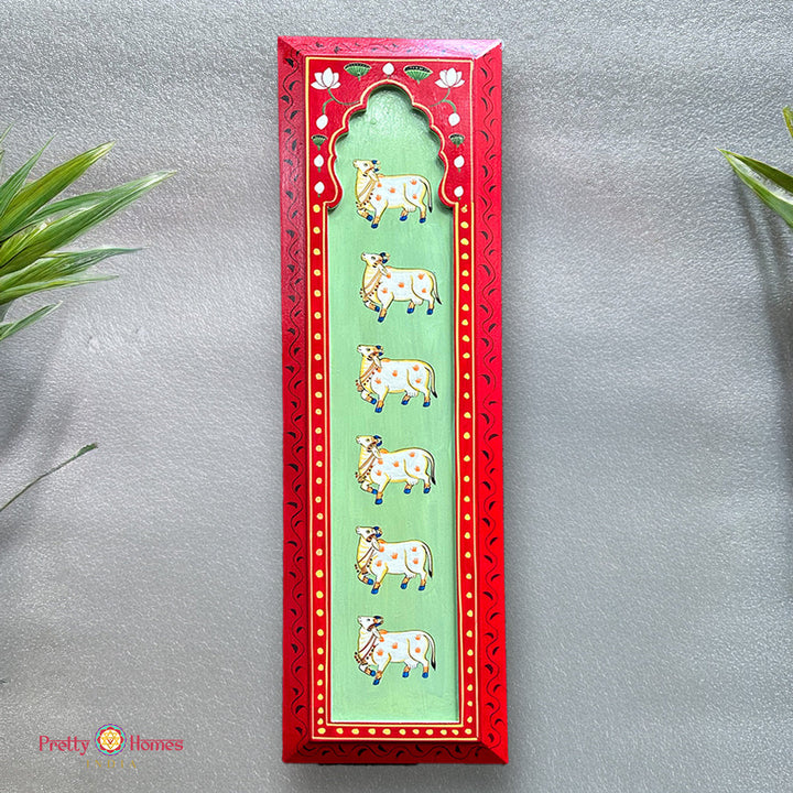 Vertical hand painted Shrinathji with sacred cows Pichwai wall hanging ready to hang devotional decor