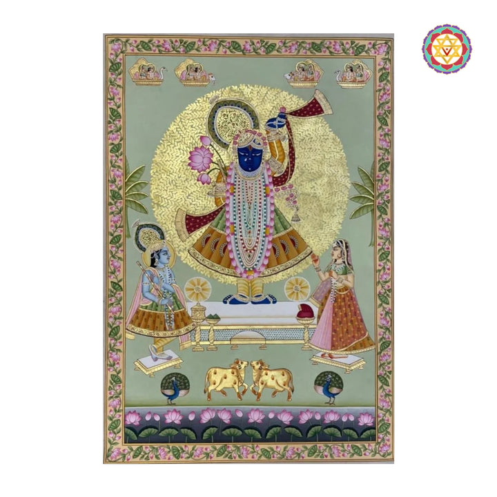 Close-up view of Shrinathji Kadamb tree pichwai painting with intricate detailing