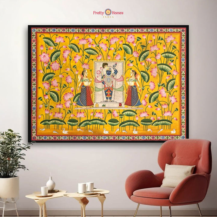 Horizontal Pichwai artwork of Shrinathji surrounded by Gopikas near a blooming lotus pond