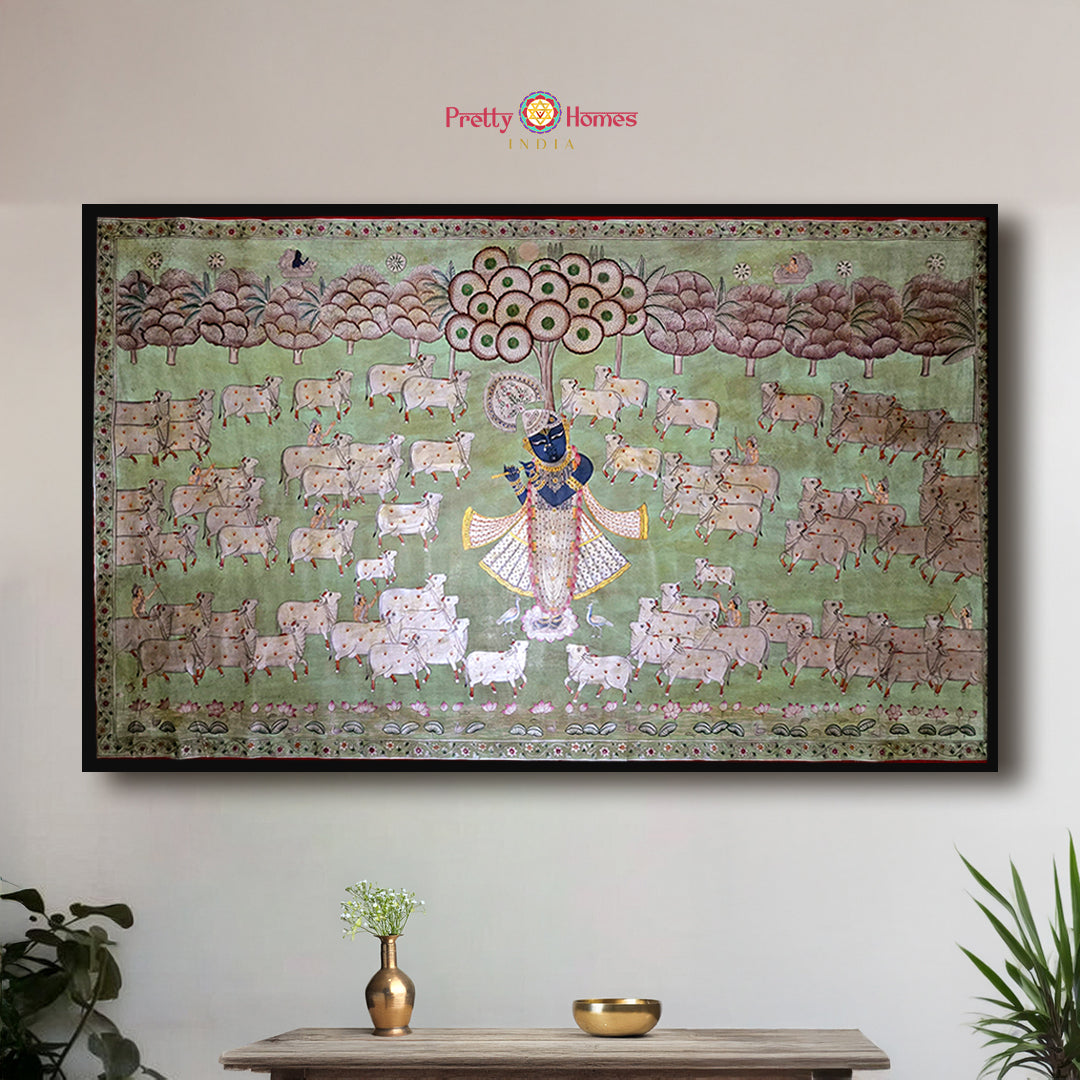 Vintage style handpainted Shrinathji Pichwai painting with sacred cows traditional Indian devotional wall art