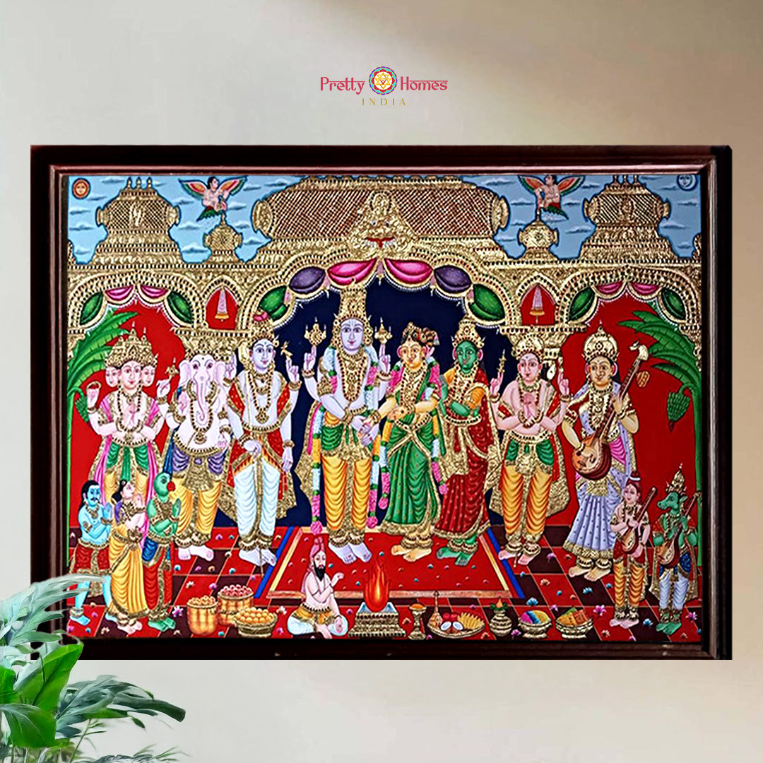 Detailed Hand-Painted Tanjore Art Srinivasa Kalyanam Balaji Wedding Teakwood Frame