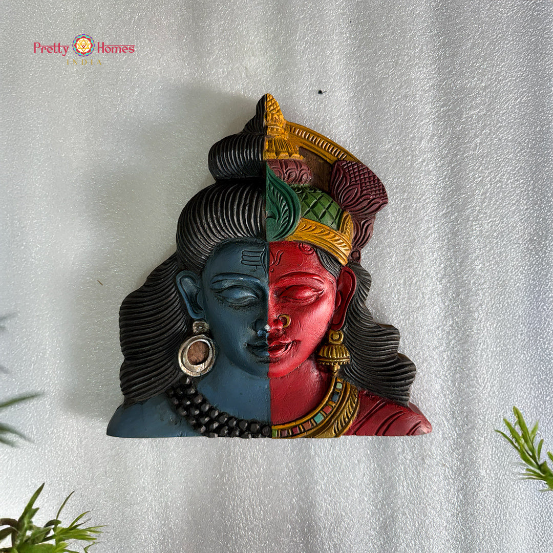 hand carved wooden ardhanarishvara wall mask