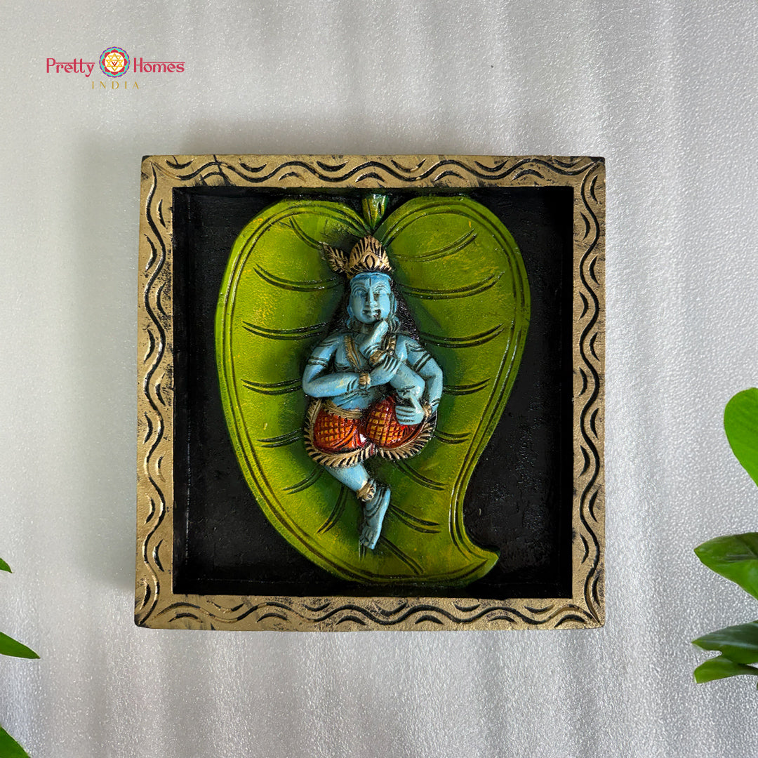 hand carved wooden baby krishna wall plaque