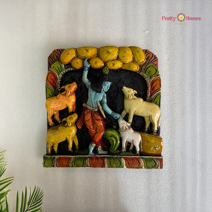 hand carved wooden shepherd krishna wall plaque