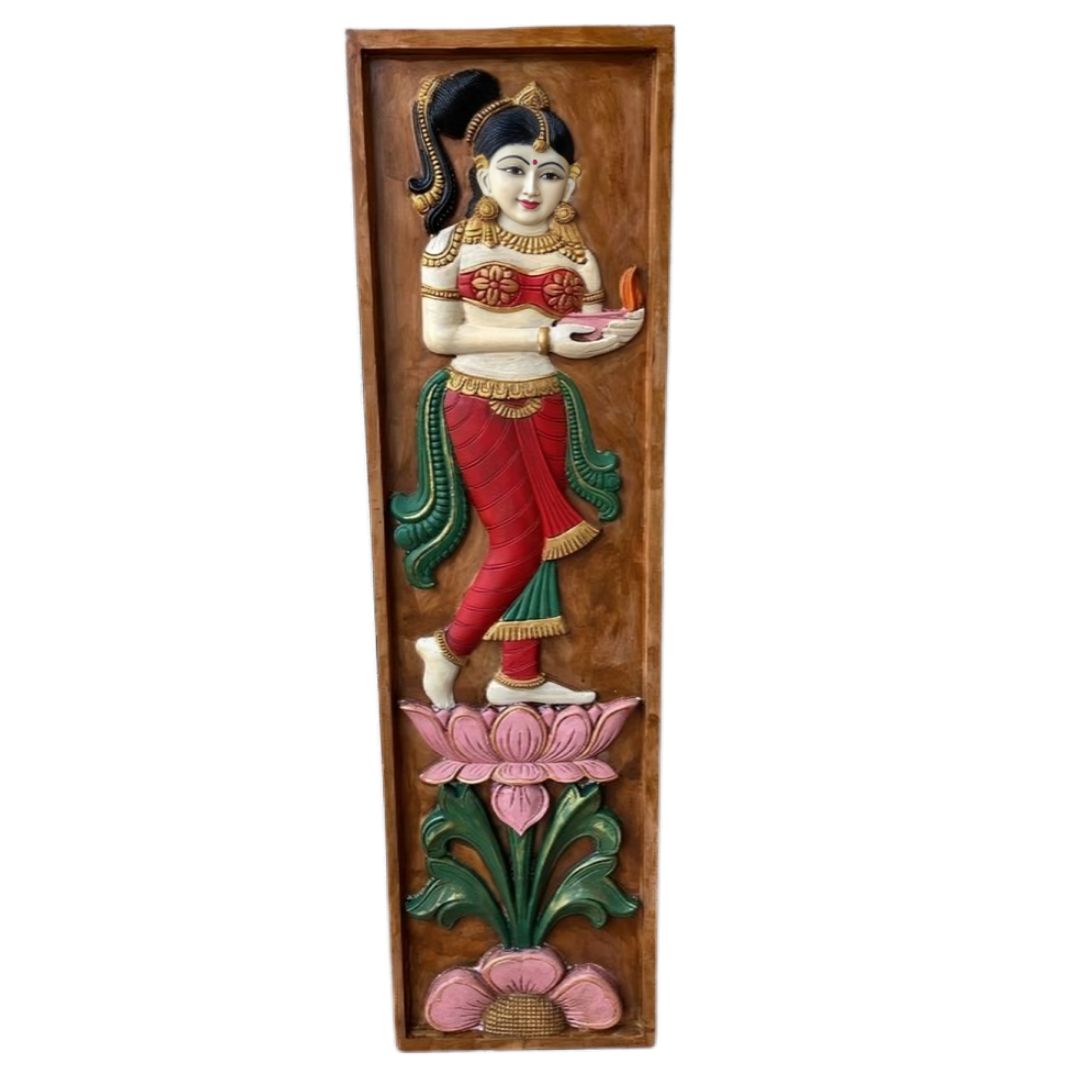 handcarved wooden decorative items lady with deepam panel