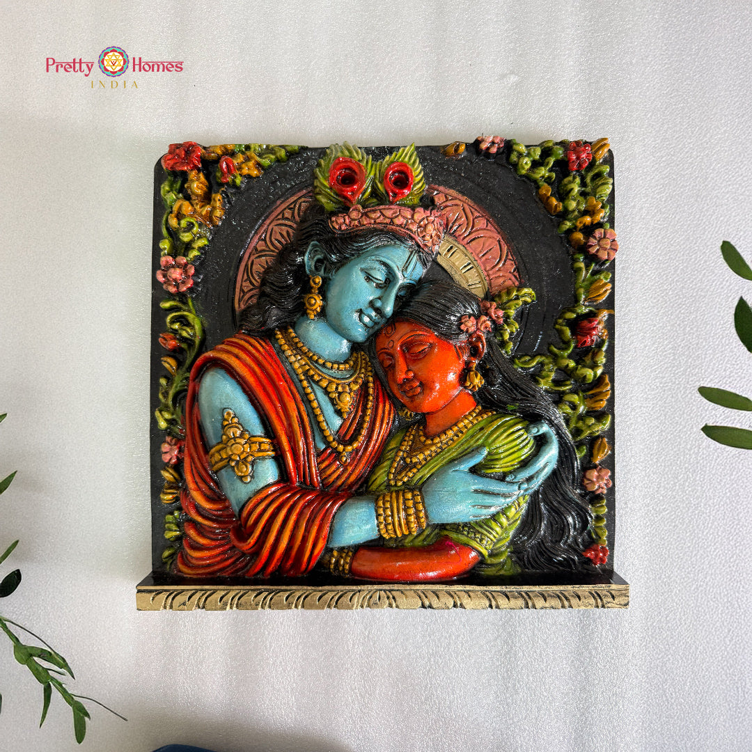 hand carved wooden radha krishna wall plaque