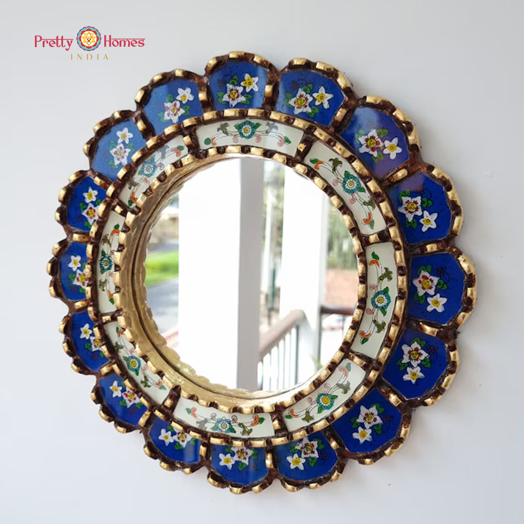 handcarved round indigo off white mirror wooden décor