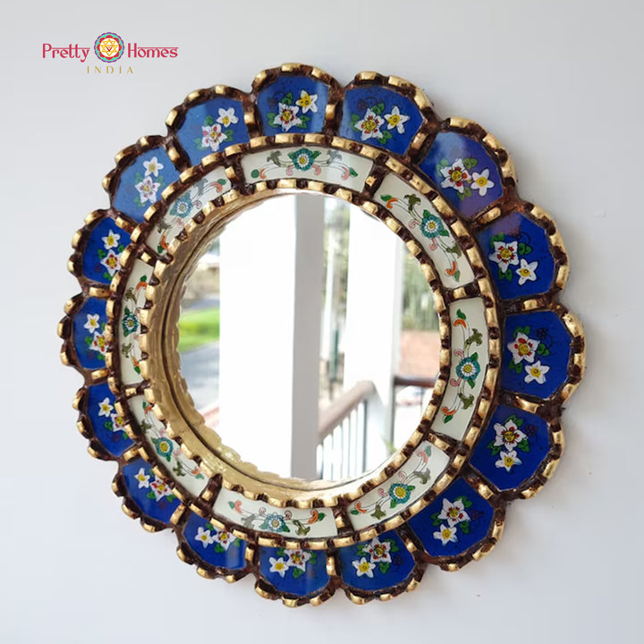 handcarved round indigo off white mirror wooden décor