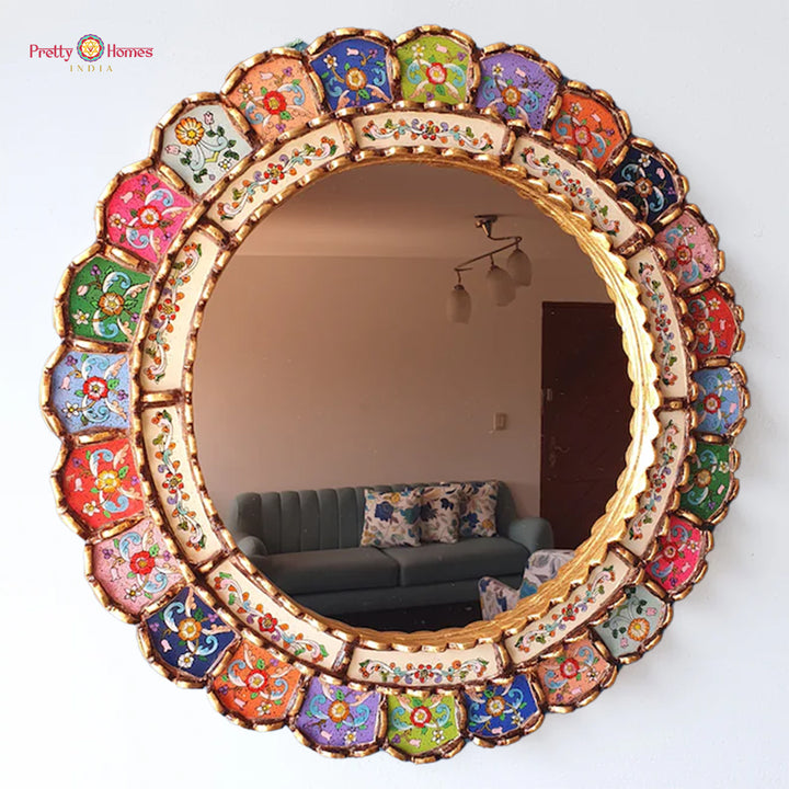 handcarved round multicolour mirror wooden décor