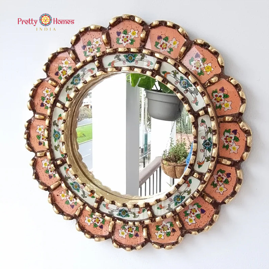 handcarved round peach off white mirror wooden décor