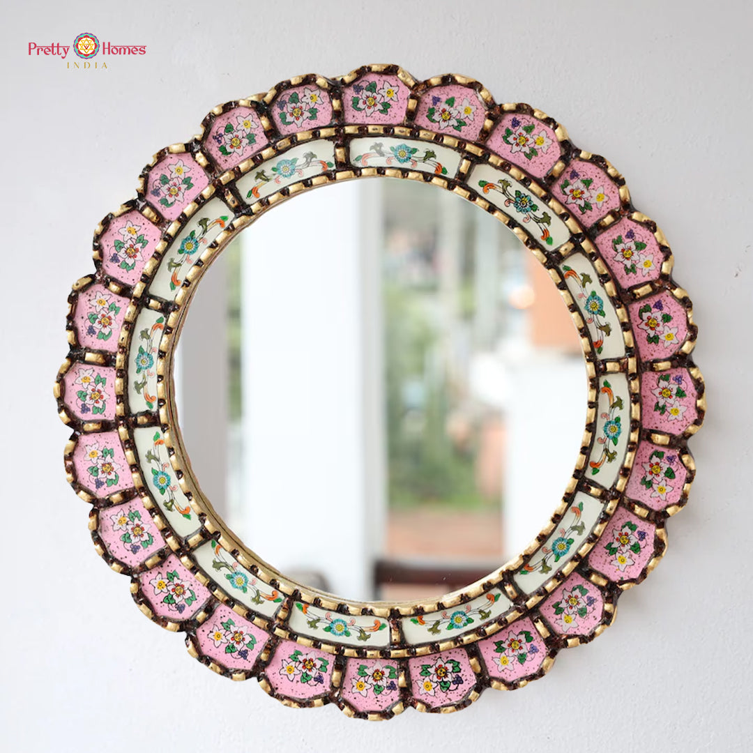 handcarved round mirror pink and off white décor