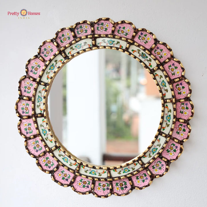 handcarved round mirror pink and off white décor