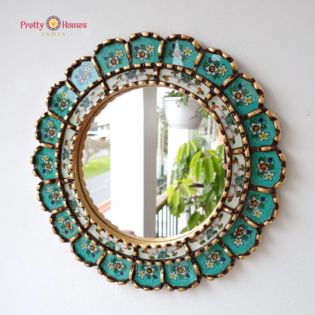 handcarved round turquoise blue mirror wooden décor