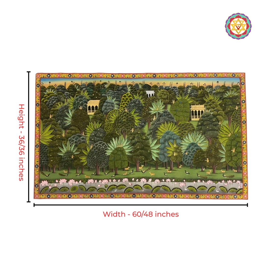 Full view of traditional jungle theme pichwai artwork with vibrant detailing