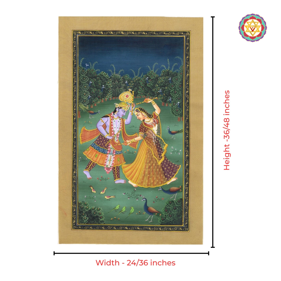 Detailed Radha Krishna garden scene Pichwai painting for heritage Indian home decor wall art