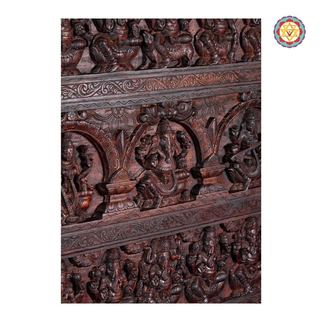 Teak Wood Square Wall Frame with Ganesh Lakshmi Saraswati and Ashtaganesh