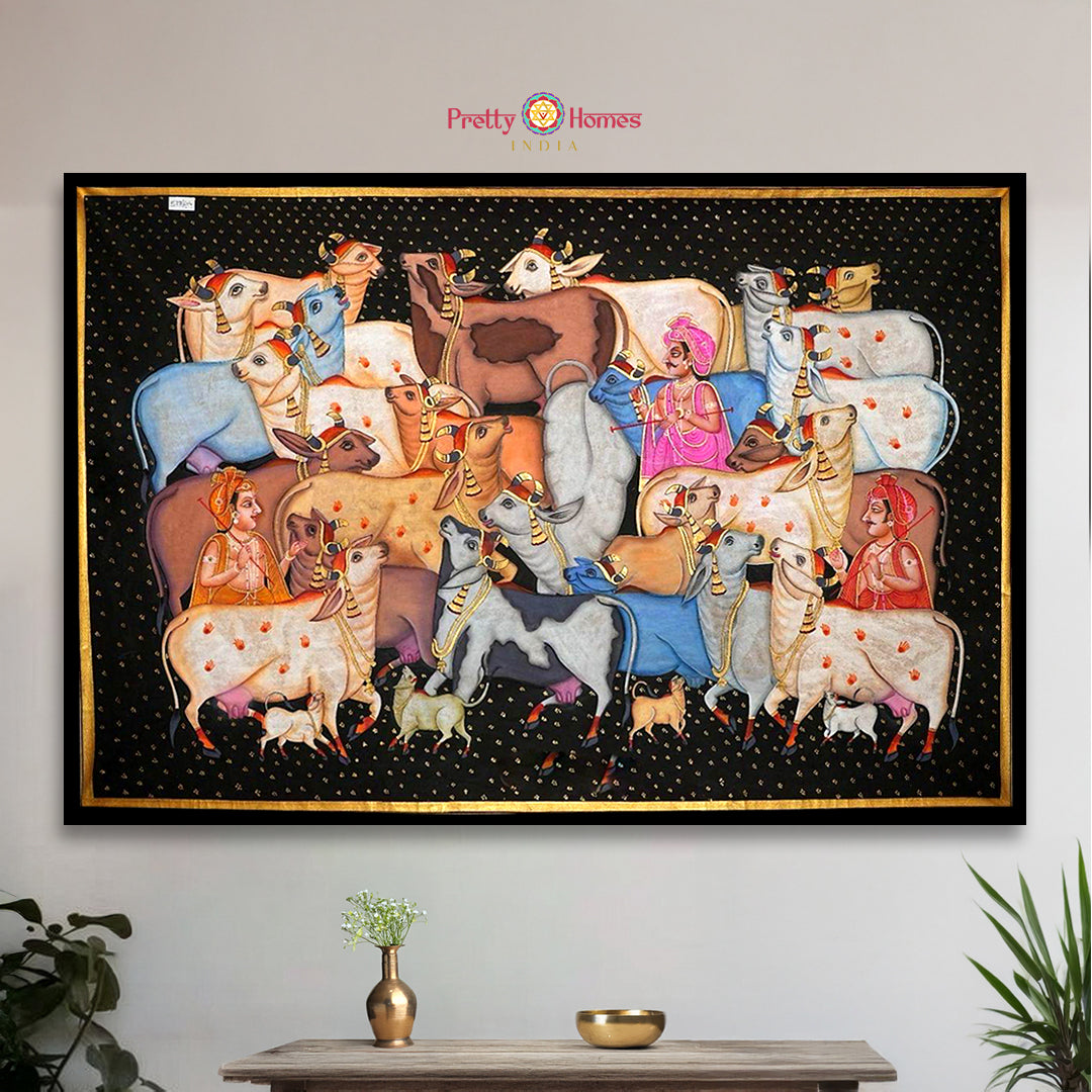 Handpainted Cowherd Leela Pichwai with black cows