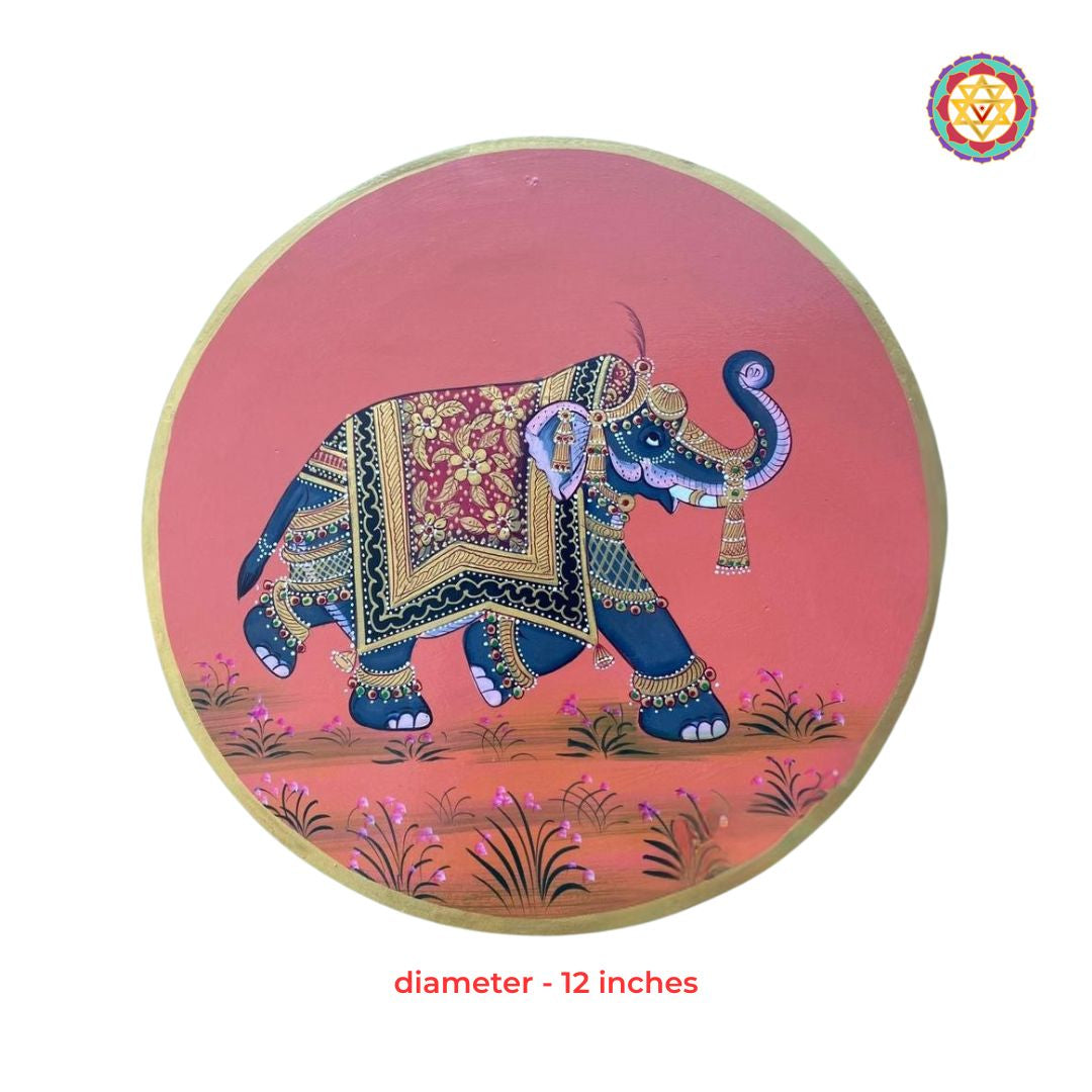 Royal elephant embossed Pichwai wall plate traditional Indian handcrafted wall decor piece