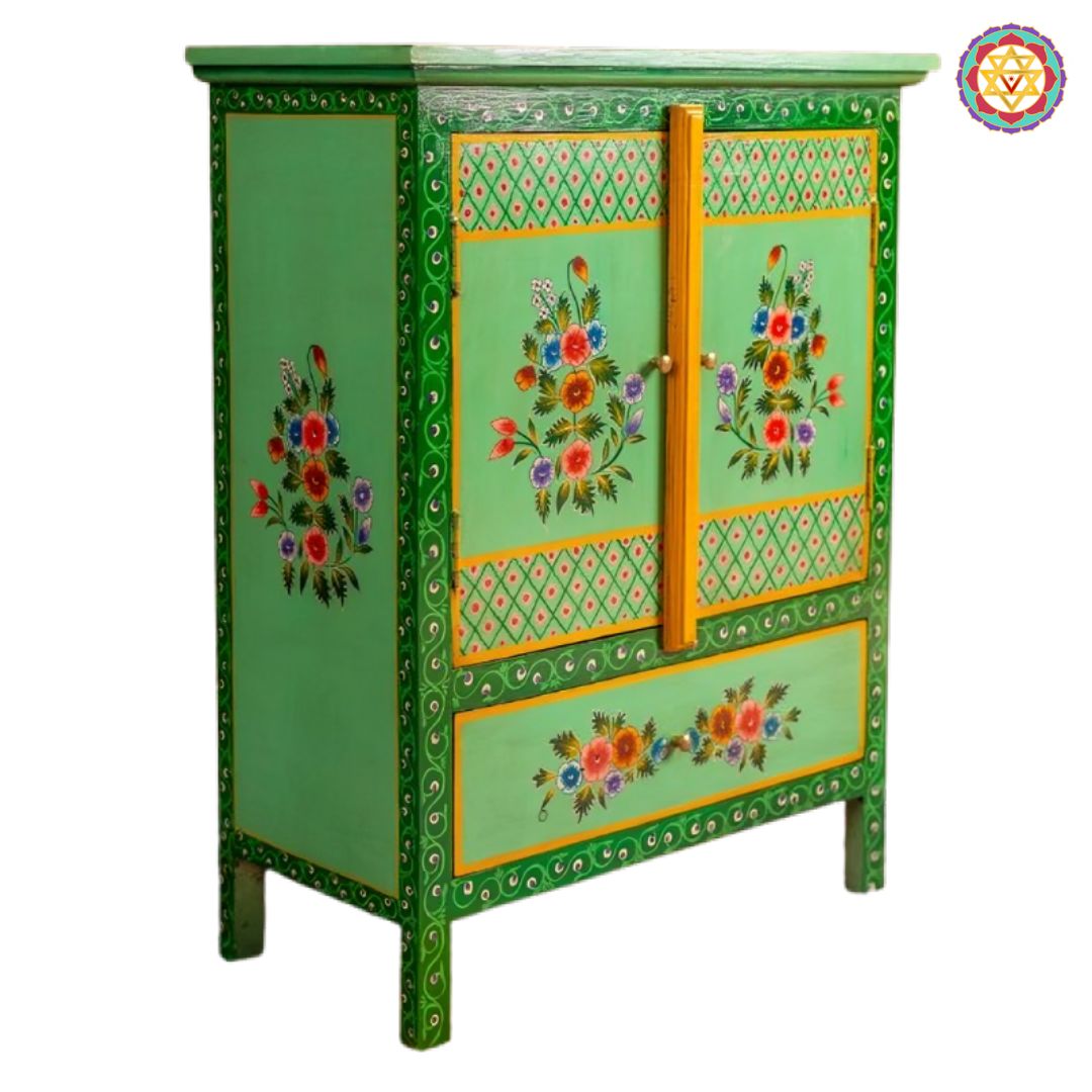 Detailed wooden storage cabinet showcasing vibrant handpainted flowers and artisan craftsmanship.